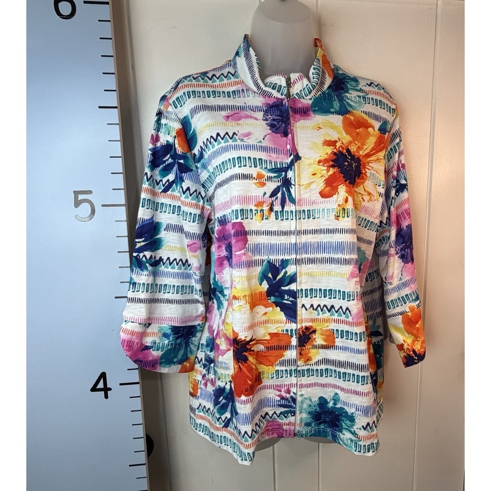 Alfred Dunner Full Zip Colorful Floral & Stripes Lightweight Jacket Small Beachy